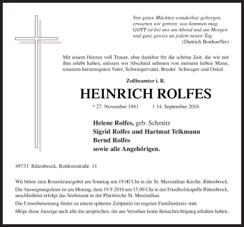 Traueranzeige von Heinrich Rolfes von Neue Osnabrücker Zeitung GmbH & Co. KG