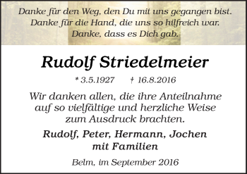 Traueranzeige von Rudolf Striedelmeier von Neue Osnabrücker Zeitung GmbH & Co. KG