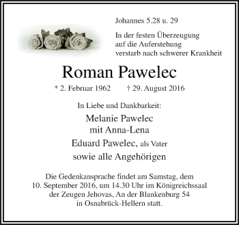 Traueranzeige von Roman Pawelec von Neue Osnabrücker Zeitung GmbH & Co. KG