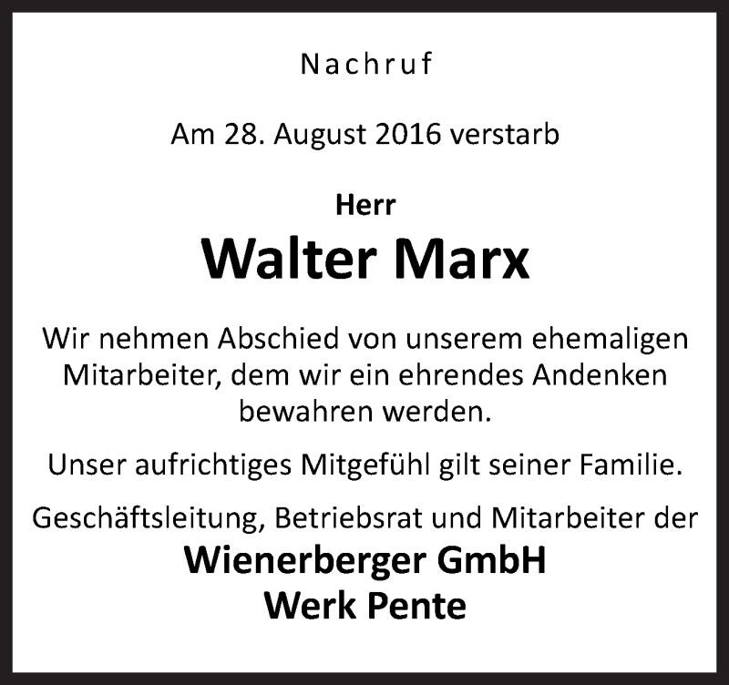  Traueranzeige für Walter Marx vom 12.09.2016 aus Neue Osnabrücker Zeitung GmbH & Co. KG