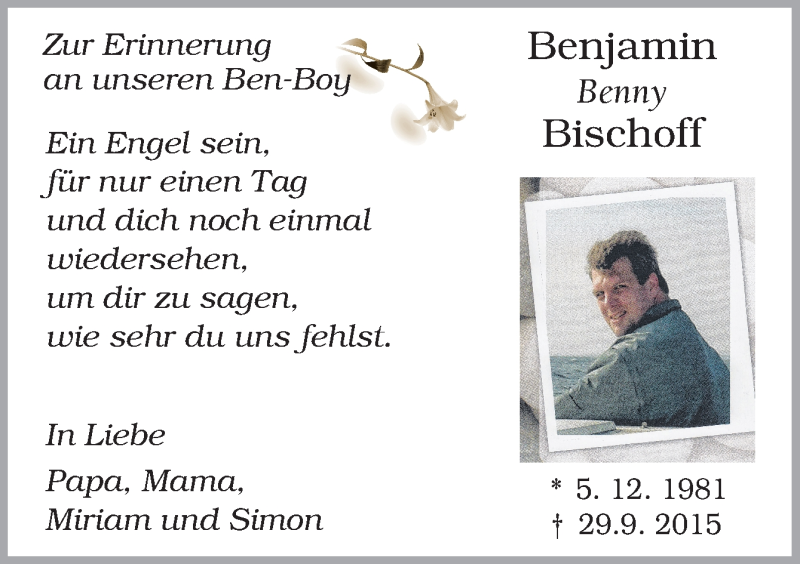  Traueranzeige für Benjamin Bischoff vom 29.09.2016 aus Neue Osnabrücker Zeitung GmbH & Co. KG