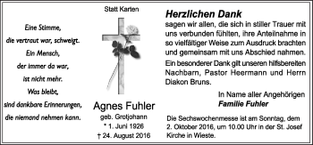 Traueranzeige von Agnes  Fuhler von Neue Osnabrücker Zeitung GmbH & Co. KG