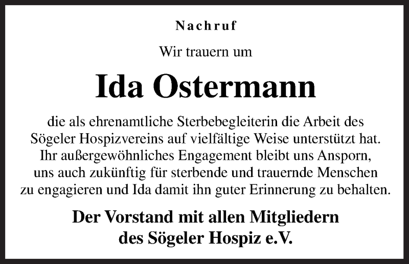  Traueranzeige für Ida Ostermann vom 27.09.2016 aus Neue Osnabrücker Zeitung GmbH & Co. KG