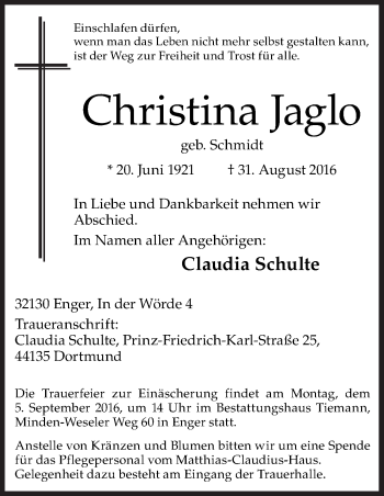 Traueranzeige von Christina Jaglo von Neue Osnabrücker Zeitung GmbH & Co. KG
