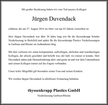 Traueranzeige von Jürgen Duvendack von Neue Osnabrücker Zeitung GmbH & Co. KG
