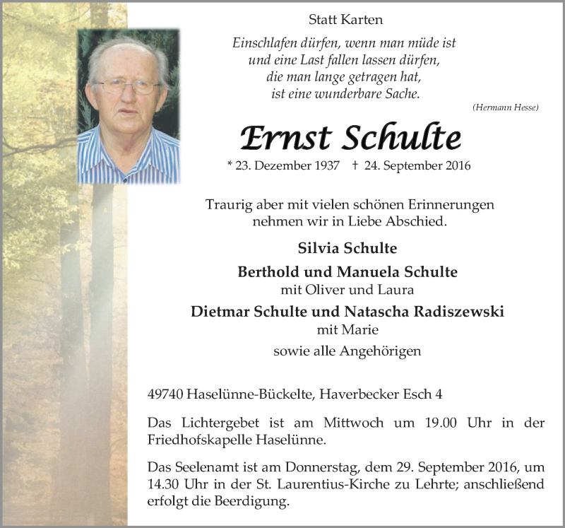  Traueranzeige für Ernst Schulte vom 27.09.2016 aus Neue Osnabrücker Zeitung GmbH & Co. KG