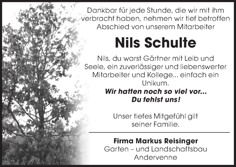  Traueranzeige für Nils Schulte vom 17.09.2016 aus Neue Osnabrücker Zeitung GmbH & Co. KG