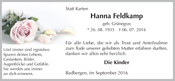 Traueranzeige von Hanna Feldkamp von Neue Osnabrücker Zeitung GmbH & Co. KG