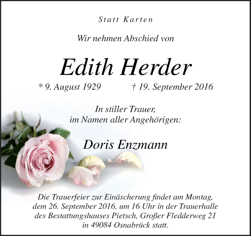  Traueranzeige für Edith Herder vom 21.09.2016 aus Neue Osnabrücker Zeitung GmbH & Co. KG