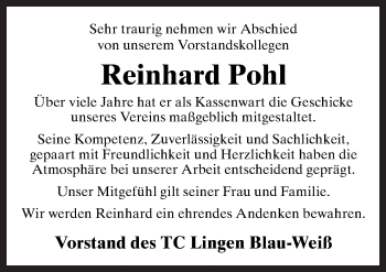 Traueranzeige von Reinhard Pohl von Neue Osnabrücker Zeitung GmbH & Co. KG