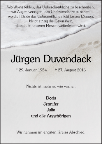 Traueranzeige von Jürgen Duvendack von Neue Osnabrücker Zeitung GmbH & Co. KG