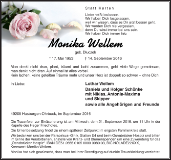 Traueranzeige von Monika Wellem von Neue Osnabrücker Zeitung GmbH & Co. KG