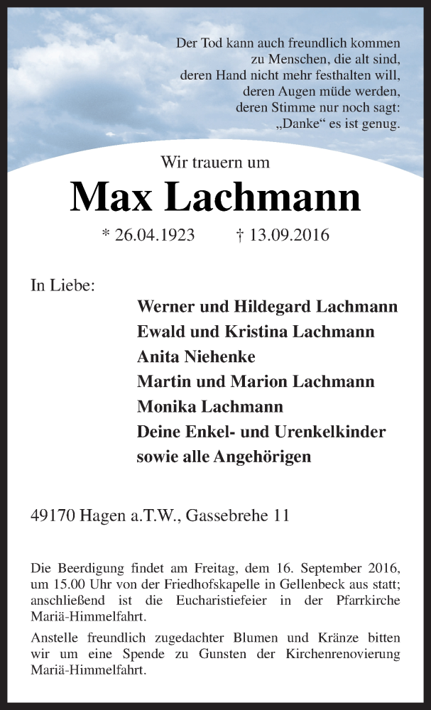  Traueranzeige für Max Lachmann vom 15.09.2016 aus Neue Osnabrücker Zeitung GmbH & Co. KG