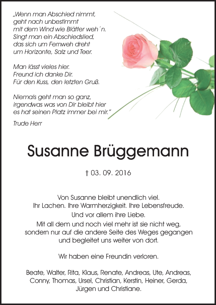  Traueranzeige für Susanne Brüggemann vom 06.09.2016 aus Neue Osnabrücker Zeitung GmbH & Co. KG