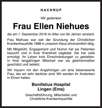 Traueranzeige von Ellen Niehues von Neue Osnabrücker Zeitung GmbH & Co. KG