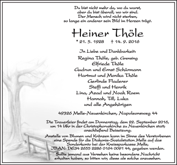 Traueranzeige von Heiner Thöle von Neue Osnabrücker Zeitung GmbH & Co. KG