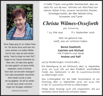 Traueranzeige von Christa Wilmes-Osseforth von Neue Osnabrücker Zeitung GmbH & Co. KG