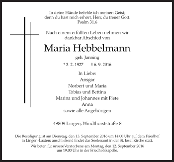 Traueranzeige von Maria Hebbelmann von Neue Osnabrücker Zeitung GmbH & Co. KG