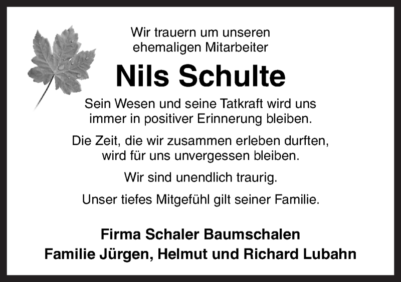  Traueranzeige für Nils Schulte vom 21.09.2016 aus Neue Osnabrücker Zeitung GmbH & Co. KG