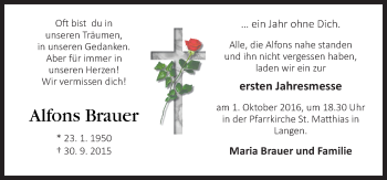 Traueranzeige von Alfons Brauer von Neue Osnabrücker Zeitung GmbH & Co. KG