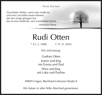 Traueranzeige von Rudi Otten von Neue Osnabrücker Zeitung GmbH & Co. KG