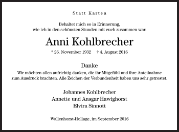 Traueranzeige von Anni Kohlbrecher von Neue Osnabrücker Zeitung GmbH & Co. KG