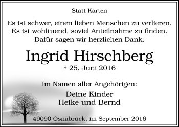 Traueranzeige von Ingrid Hirschberg von Neue Osnabrücker Zeitung GmbH & Co. KG