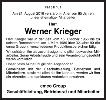 Traueranzeige von Werner Krieger von Neue Osnabrücker Zeitung GmbH & Co. KG
