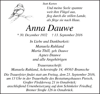 Traueranzeige von Anna Dauwe von Neue Osnabrücker Zeitung GmbH & Co. KG