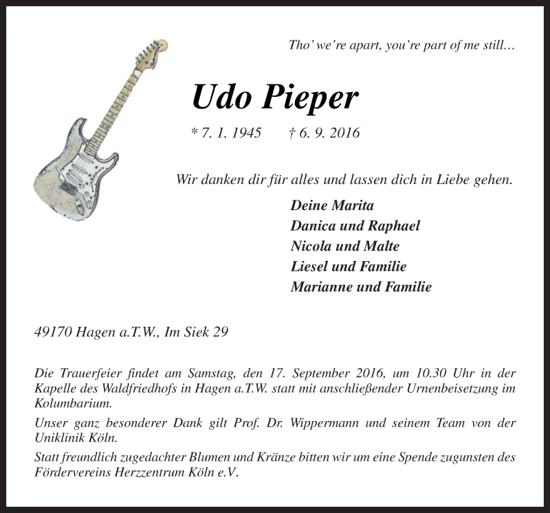  Traueranzeige für Udo Pieper vom 14.09.2016 aus Neue Osnabrücker Zeitung GmbH & Co. KG