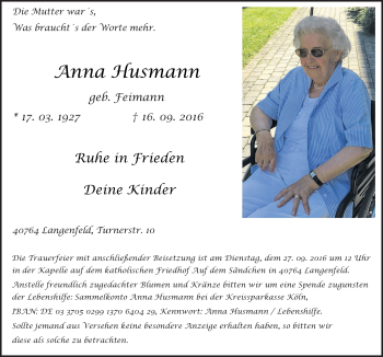 Traueranzeige von Anna Husmann von Neue Osnabrücker Zeitung GmbH & Co. KG