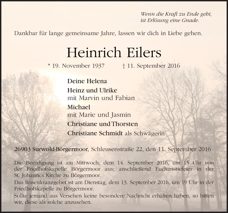  Traueranzeige für Heinrich Eilers vom 13.09.2016 aus Neue Osnabrücker Zeitung GmbH & Co. KG