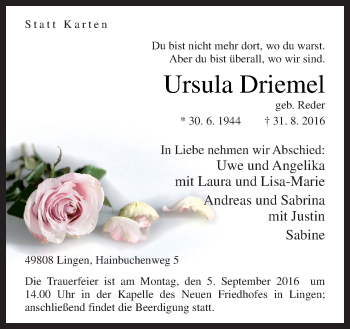 Traueranzeige von Ursula Driemel von Neue Osnabrücker Zeitung GmbH & Co. KG