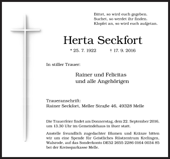 Traueranzeige von Herta Seckfort von Neue Osnabrücker Zeitung GmbH & Co. KG