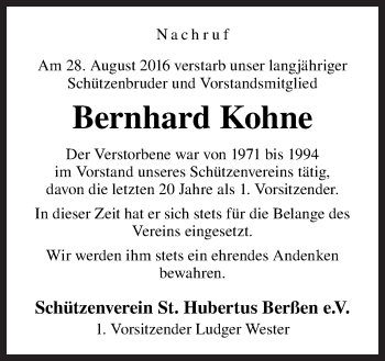 Traueranzeige von Bernhard Kohne von Neue Osnabrücker Zeitung GmbH & Co. KG