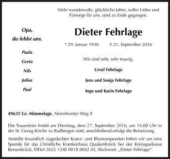 Traueranzeige von Dieter Fehrlage von Neue Osnabrücker Zeitung GmbH & Co. KG