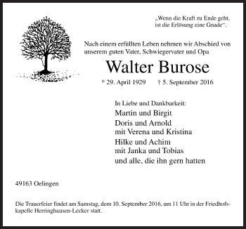 Traueranzeige von Walter Burose von Neue Osnabrücker Zeitung GmbH & Co. KG