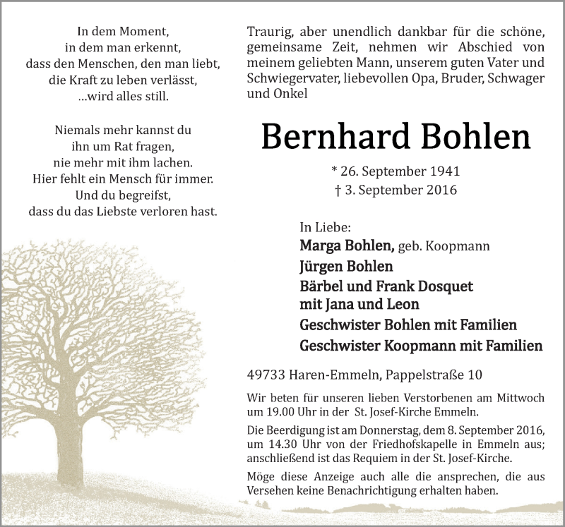  Traueranzeige für Bernhard Bohlen vom 05.09.2016 aus Neue Osnabrücker Zeitung GmbH & Co. KG