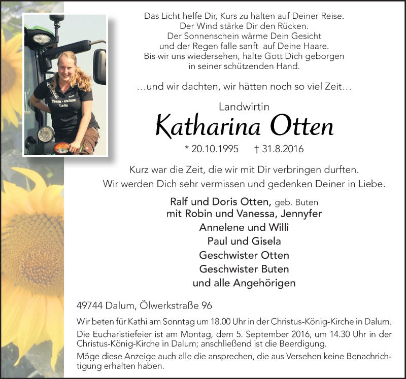  Traueranzeige für Katharina Otten vom 03.09.2016 aus Neue Osnabrücker Zeitung GmbH & Co. KG