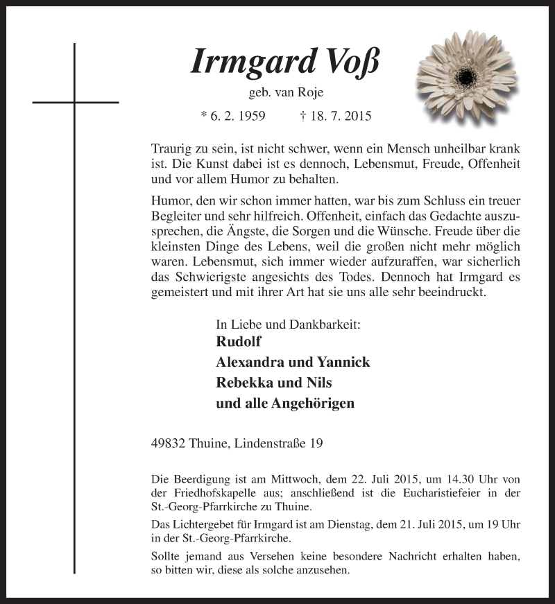  Traueranzeige für Irmgard Voß vom 20.07.2015 aus Neue Osnabrücker Zeitung GmbH & Co. KG