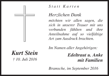 Traueranzeige von Kurt Stein von Neue Osnabrücker Zeitung GmbH & Co. KG