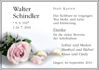 Traueranzeige von Walter Schindler von Neue Osnabrücker Zeitung GmbH & Co. KG