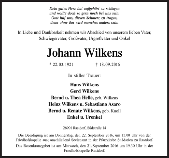 Traueranzeige von Johann Wilkens von Neue Osnabrücker Zeitung GmbH & Co. KG