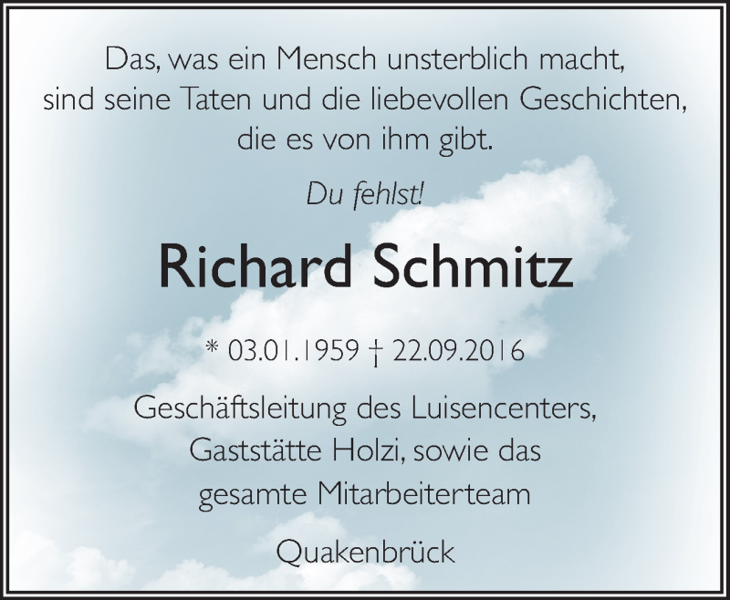  Traueranzeige für Richard Schmitz vom 27.09.2016 aus Neue Osnabrücker Zeitung GmbH & Co. KG