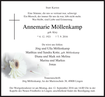 Traueranzeige von Annemarie Möllenkamp von Neue Osnabrücker Zeitung GmbH & Co. KG