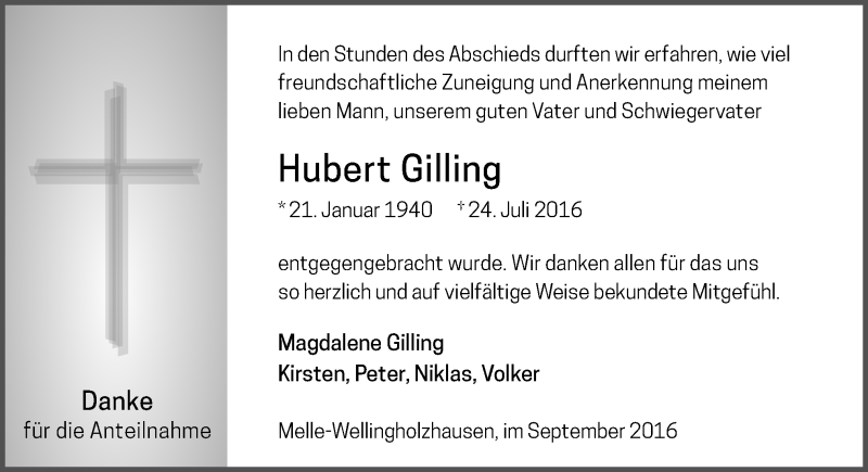  Traueranzeige für Hubert Gilling vom 03.09.2016 aus Neue Osnabrücker Zeitung GmbH & Co. KG