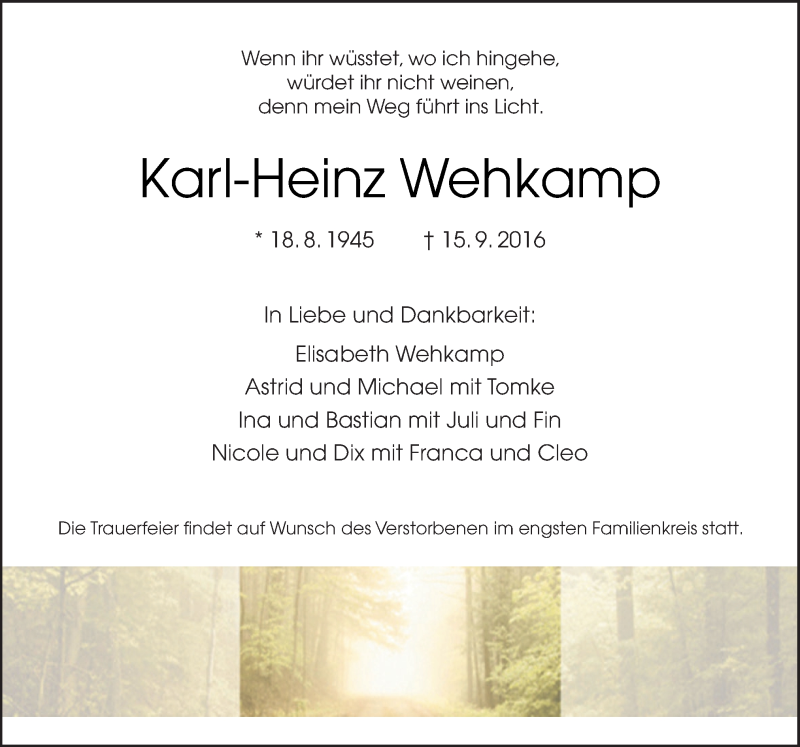  Traueranzeige für Karl-Heinz Wehkamp vom 20.09.2016 aus Neue Osnabrücker Zeitung GmbH & Co. KG