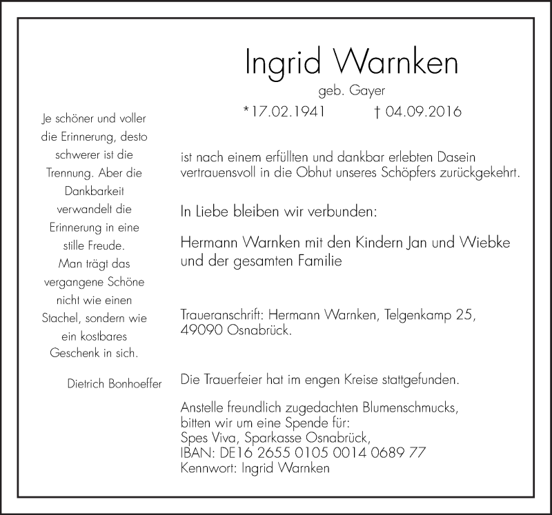  Traueranzeige für Ingrid Warnken vom 17.09.2016 aus Neue Osnabrücker Zeitung GmbH & Co. KG