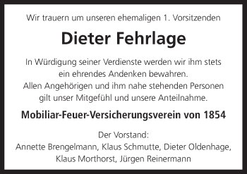 Traueranzeige von Dieter Fehrlage von Neue Osnabrücker Zeitung GmbH & Co. KG