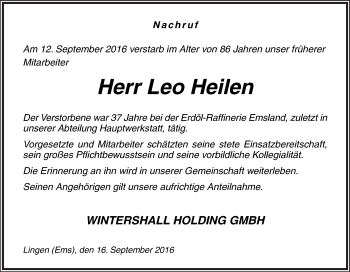 Traueranzeige von Leo Heilen von Neue Osnabrücker Zeitung GmbH & Co. KG